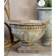 Prémium minőségű, vidéki, provanszi stílusú, nagyméretű, 51 cm átmérőjű, antikolt, patinás felületű, fém kaspó 