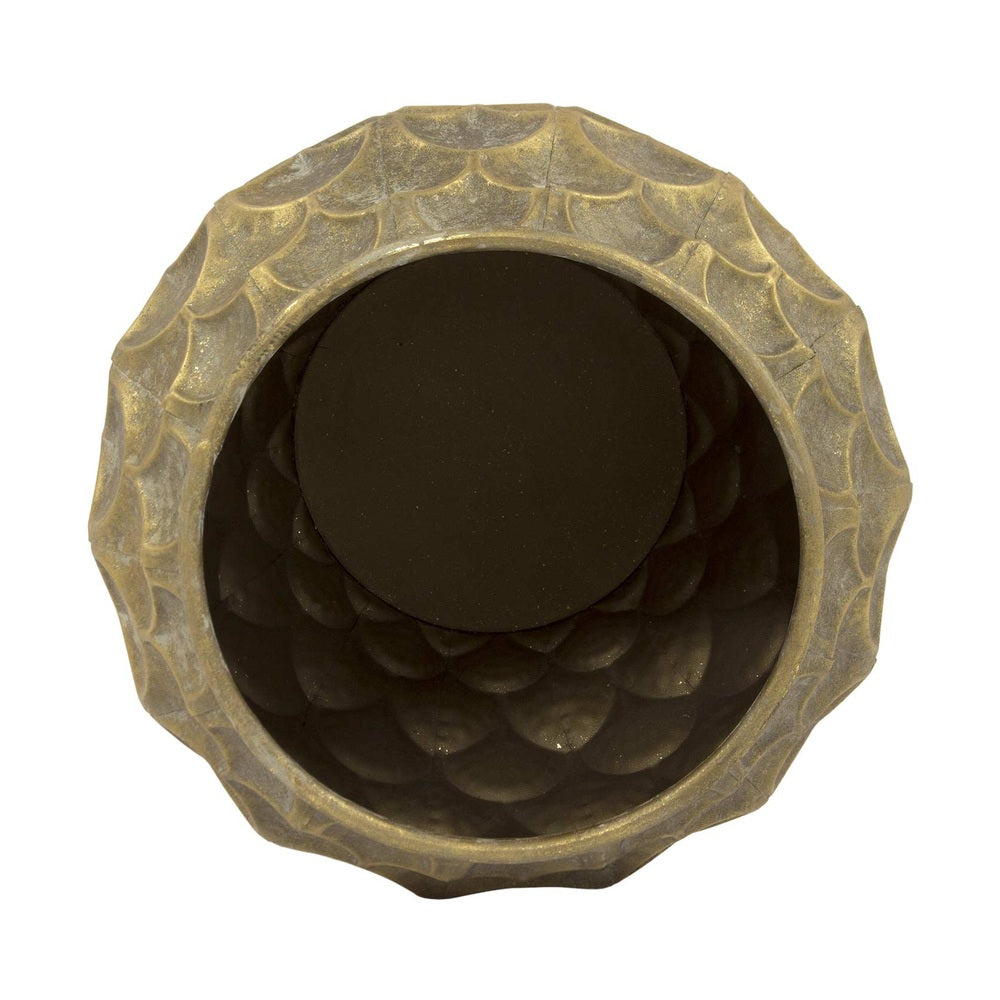 Kortárs, modern stílusú, antik arany színű, 32 cm átmérőjű fém kaspó.