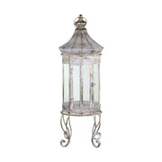 Nagyméretű, 76 cm magas, Oriental stílusú, óarany színű patinás felületű, dombormintával és fémcsipkével díszített, lábakon álló fém lámpás