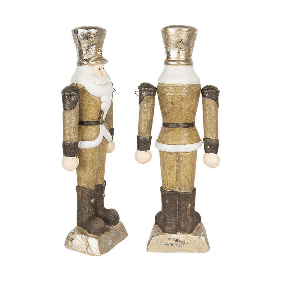 Rusztikus, vidéki stílusú, nagyméretű, 69 cm magas, antikolt festésű, barna és óarany színű diótörő szobor.