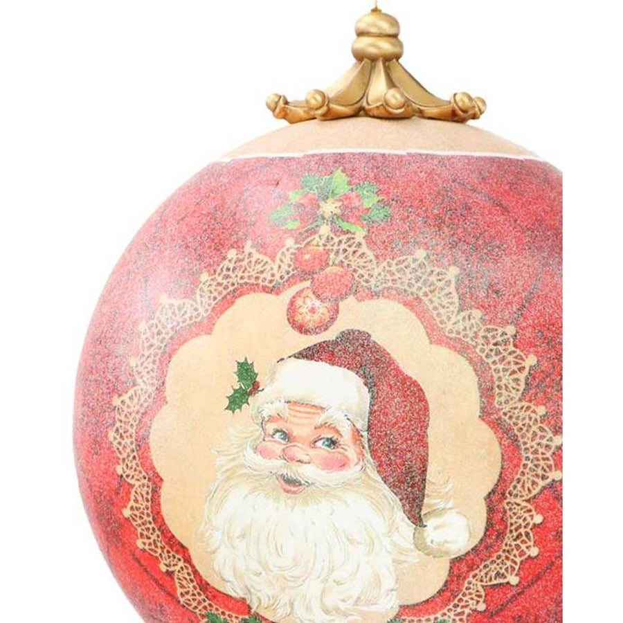 Vintage stílusú, 25 cm átmérőjű, Télapóval díszített, nagyméretű függeszthető karácsonyi gömb dísz.