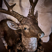 Erdei fenyőtoboz koszorúval díszített, nagyméretű karácsonyi szarvas figura ..