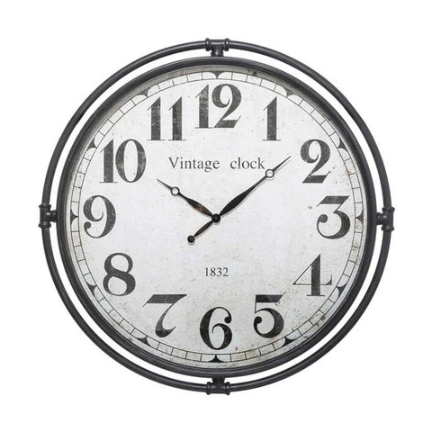 Nagyméretű, 74 cm átmérőjű, fekete színű vasabroncsos, "Vintage Clock-1832" feliratú, üvegezett loft stílusú falióra