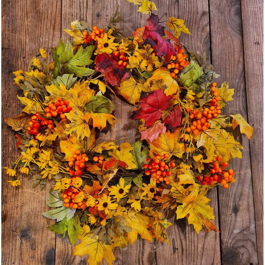 Őszi hangulatú, élethű megjelenésű, 60 cm átmérőjű, vidéki vintage stílusú, mesterséges mű, erdei ajtókopogtató koszorú.