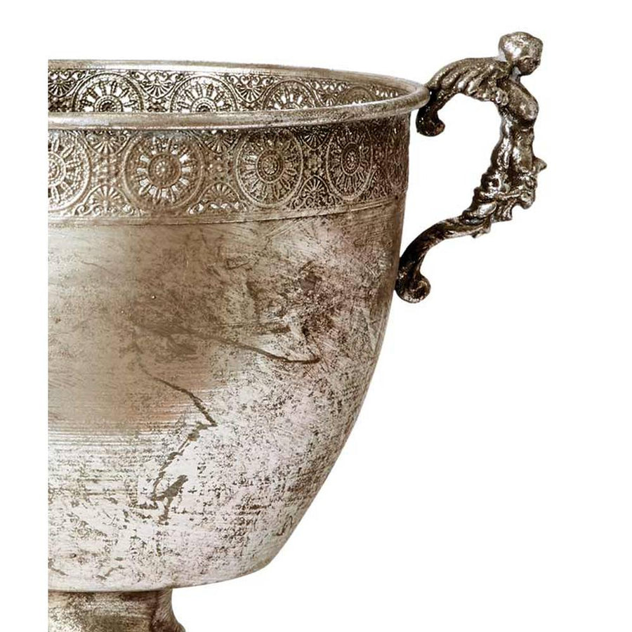 Patinás, antik ezüst színű, áttört fémcsipkével díszített, nagyméretű fémkaspó