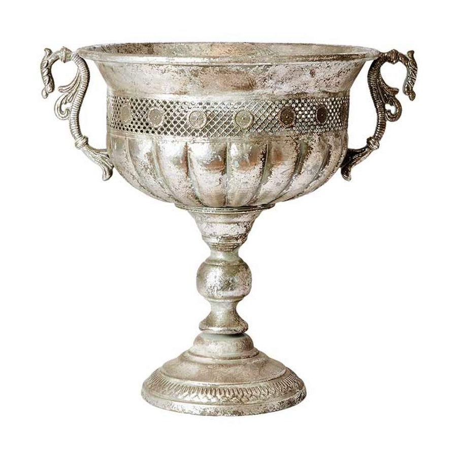 Patinás, antik ezüst színű, áttört fémcsipkével díszített, nagyméretű fémkaspó
