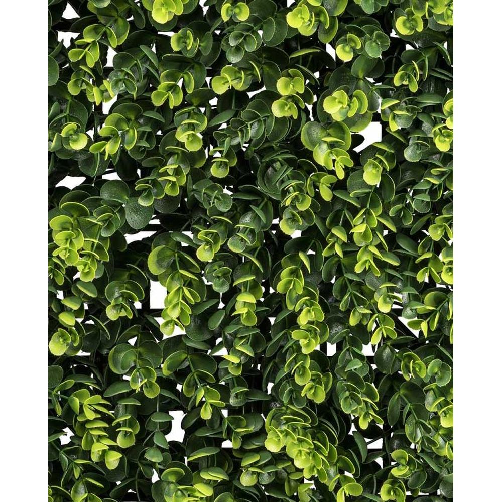 Mű eukaliptusz levelekből készült, 50 cm hosszú és 50 cm széles, mesterséges növényfal panel.