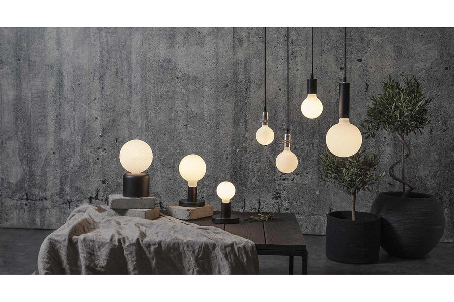 Matt felületű opál LED izzók szürke színű betonfal előtt, zöld növénnyel.