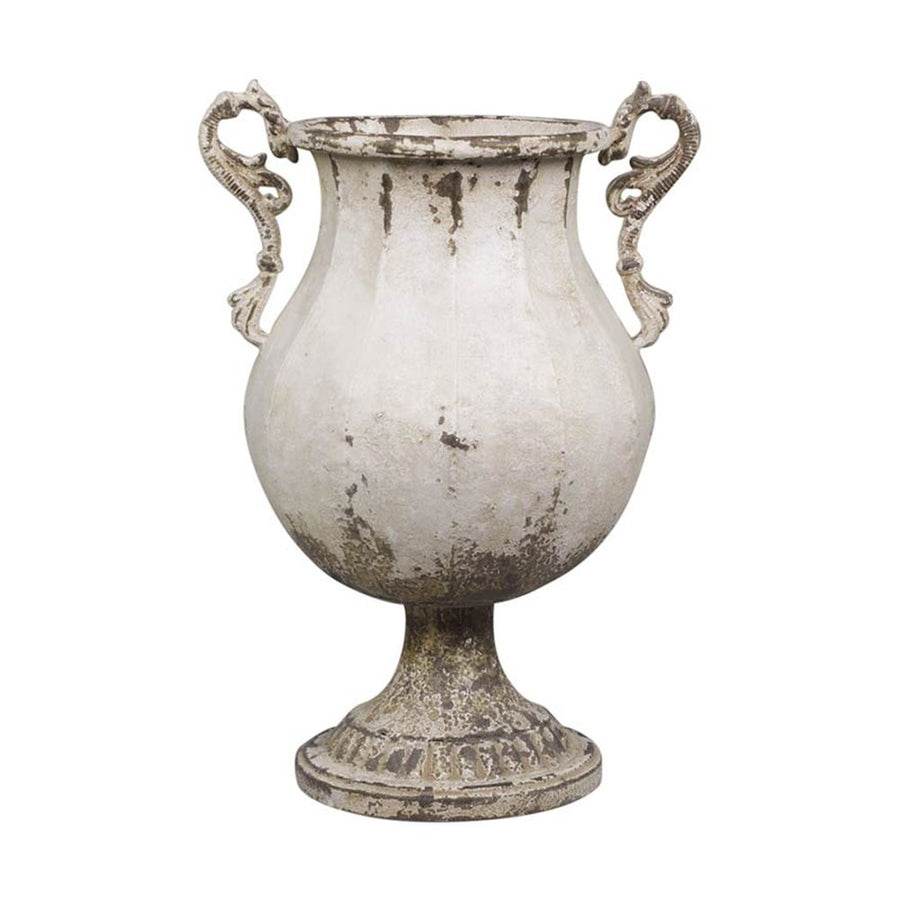 Vidéki, provanszi stílusú, antikolt felületű, krém színű, nagyméretű fém kaspó.