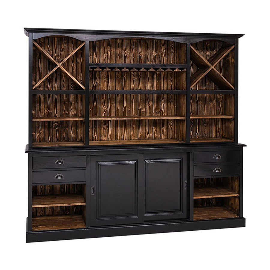 Tömör fenyőfából készült, prémium kategóriás, óriás méretű, 240 cm hosszú és 210 cm magas pohárszék, bárszekrény 