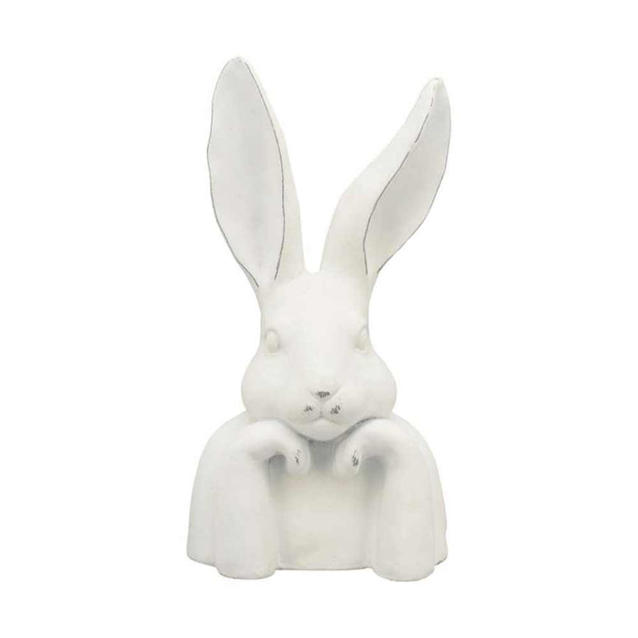 Vidéki vintage stílusú, patinás felületű, fehér színű, óriás méretű, 79 cm magas húsvéti nyuszi mellszobor