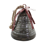 Rusztikus vidéki stílusú, óriás méretű, 31,1 cm magas, antikolt felületű, piros színű fém masnival díszített karácsonyi kézműves bádogharang