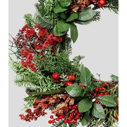 Mesterséges mű nobilis fenyőágakból, bukszuslevelekből és bogyókból készült karácsonyi koszorú ajtódísz.