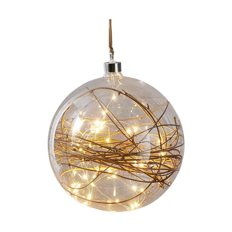 Áttetsző, nagyméretű, karácsonyi üveggömb, 40 darab LED égővel és gallyal a belsejében.
