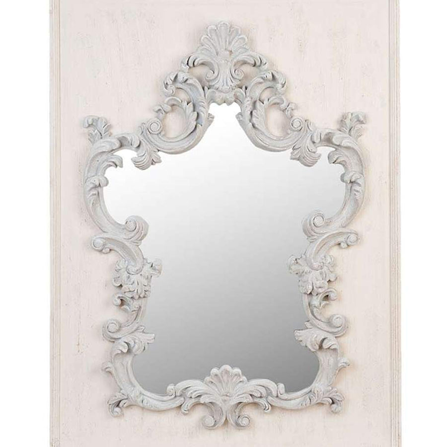 Prémium kategóriás, 128 cm magas, Shabby Chic stílusú, tört fehér színű, antikolt felületű, díszes indamintás kerettel díszített falitükör