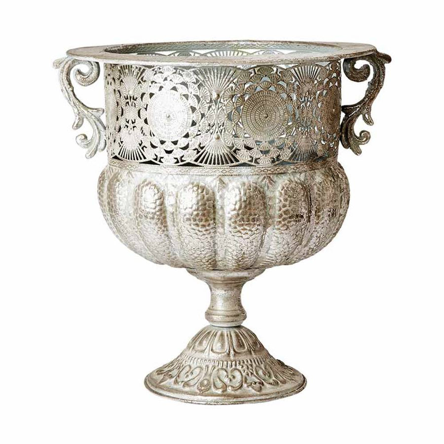 Patinás, antik ezüst színű, áttört fémcsipkével díszített, óriás méretű fémkaspó