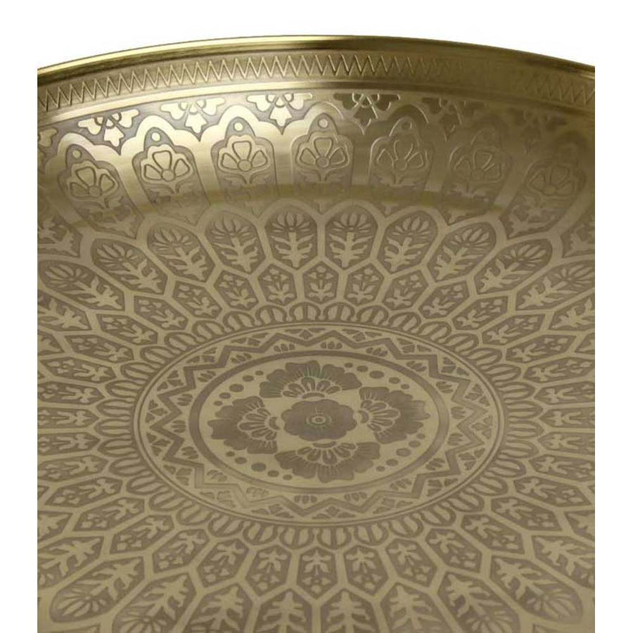 Oriental stílusú, réz színű, maratott keleti indamintákkal díszített fém tálca