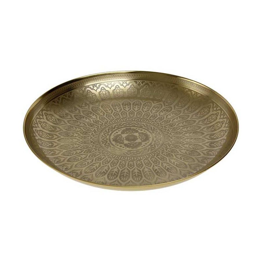 Oriental stílusú, réz színű, maratott keleti indamintákkal díszített fém tálca
