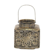 Oriental stílusú, óarany színű, patinás felületű, áttört mintás, függeszthető, belső üvegbúrás fém lámpás 