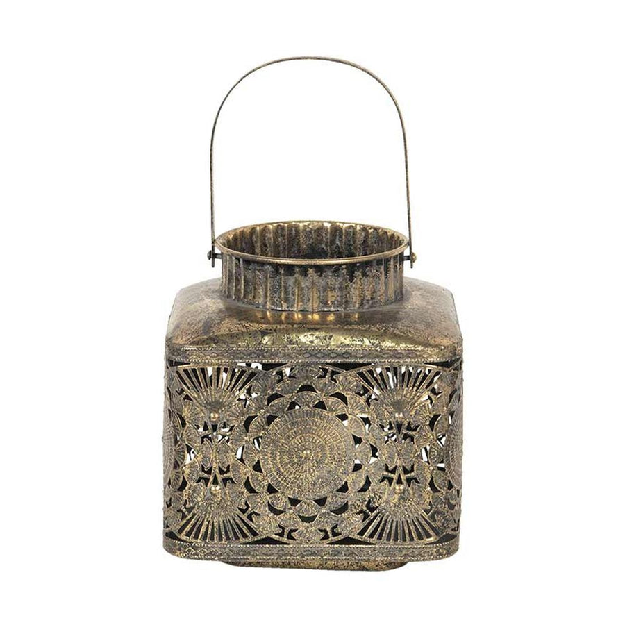 Oriental stílusú, óarany színű, patinás felületű, áttört mintás, függeszthető, belső üvegbúrás fém lámpás 