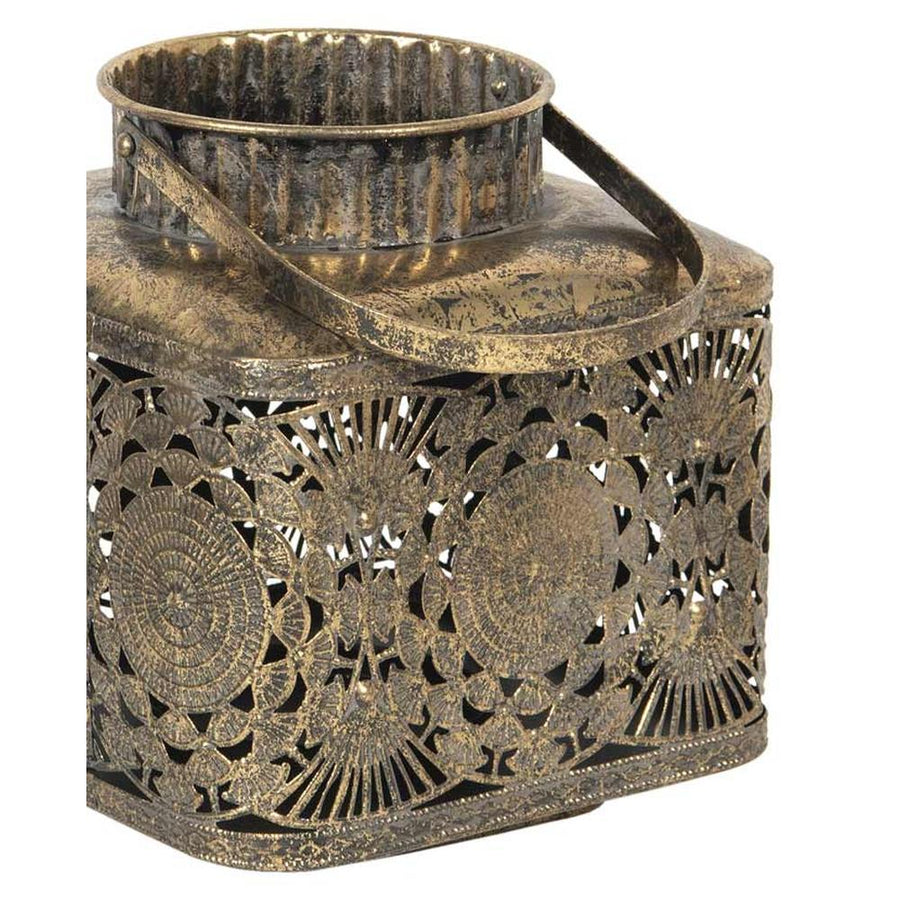 Oriental stílusú, óarany színű, patinás felületű, áttört mintás, függeszthető, belső üvegbúrás fém lámpás 