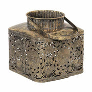 Oriental stílusú, óarany színű, patinás felületű, áttört mintás, függeszthető, belső üvegbúrás fém lámpás 