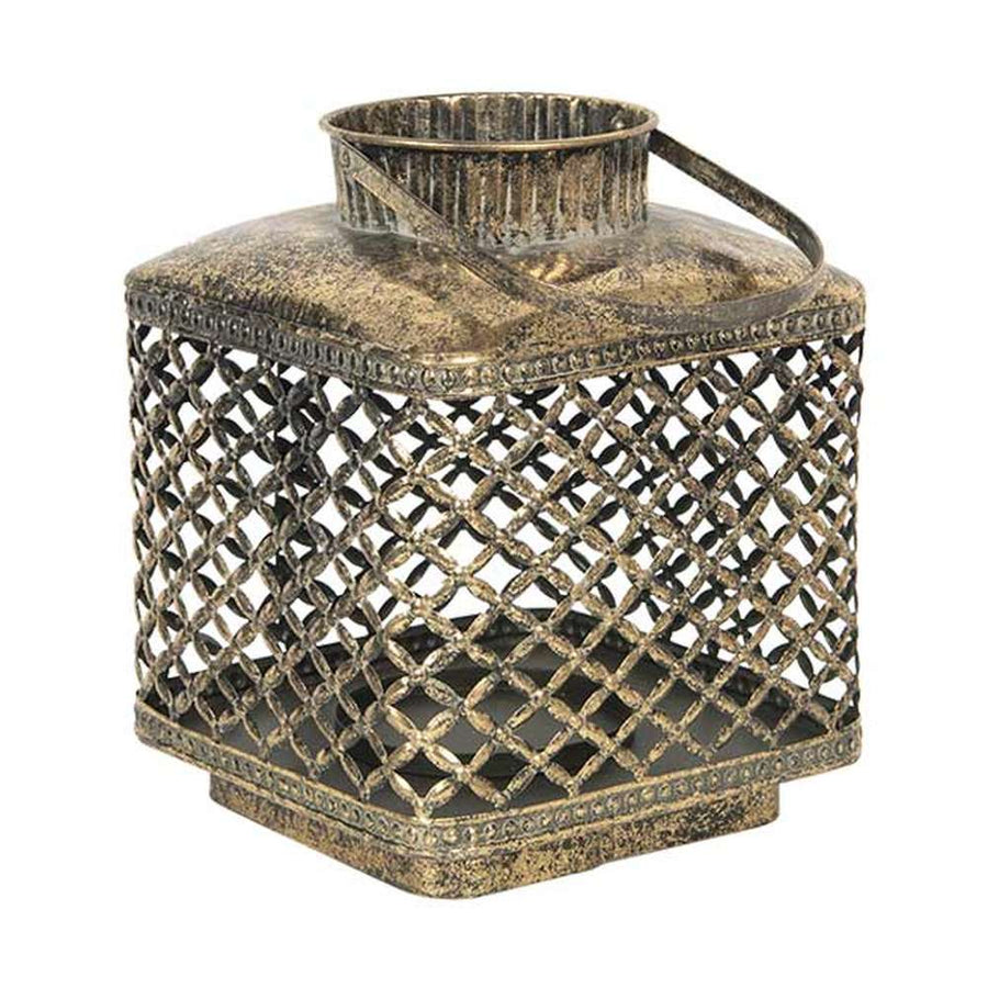 Oriental stílusú, óarany színű, patinás felületű, áttört mintás, függeszthető fém lámpás