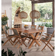 Prémium minőségű, mediterrán stílusú, összecsukható kézműves kerti teakfa karosszék szürke színű vízlepergető szövettel