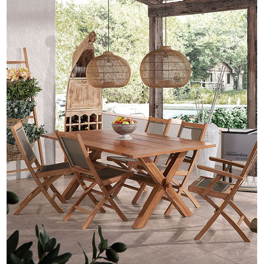 Prémium minőségű, mediterrán stílusú, összecsukható kézműves kerti teakfa karosszék szürke színű vízlepergető szövettel