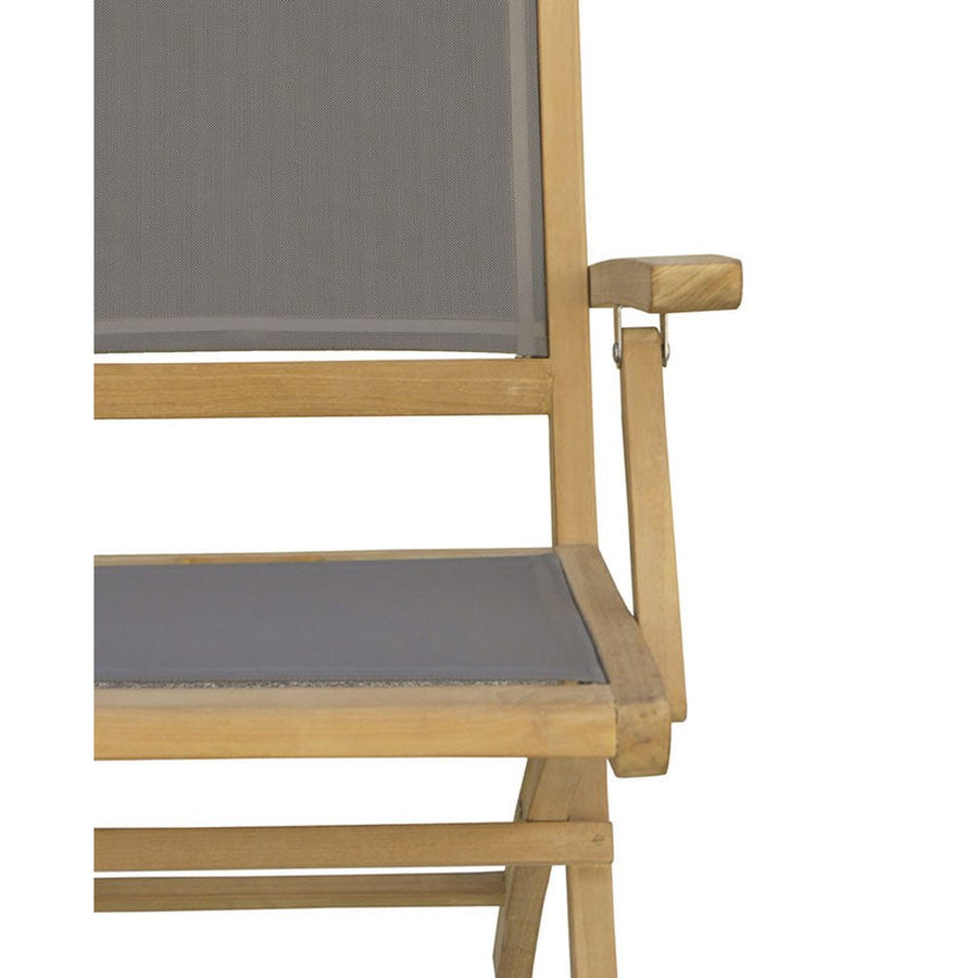 Prémium minőségű, mediterrán stílusú, összecsukható kézműves kerti teakfa karosszék szürke színű vízlepergető szövettel