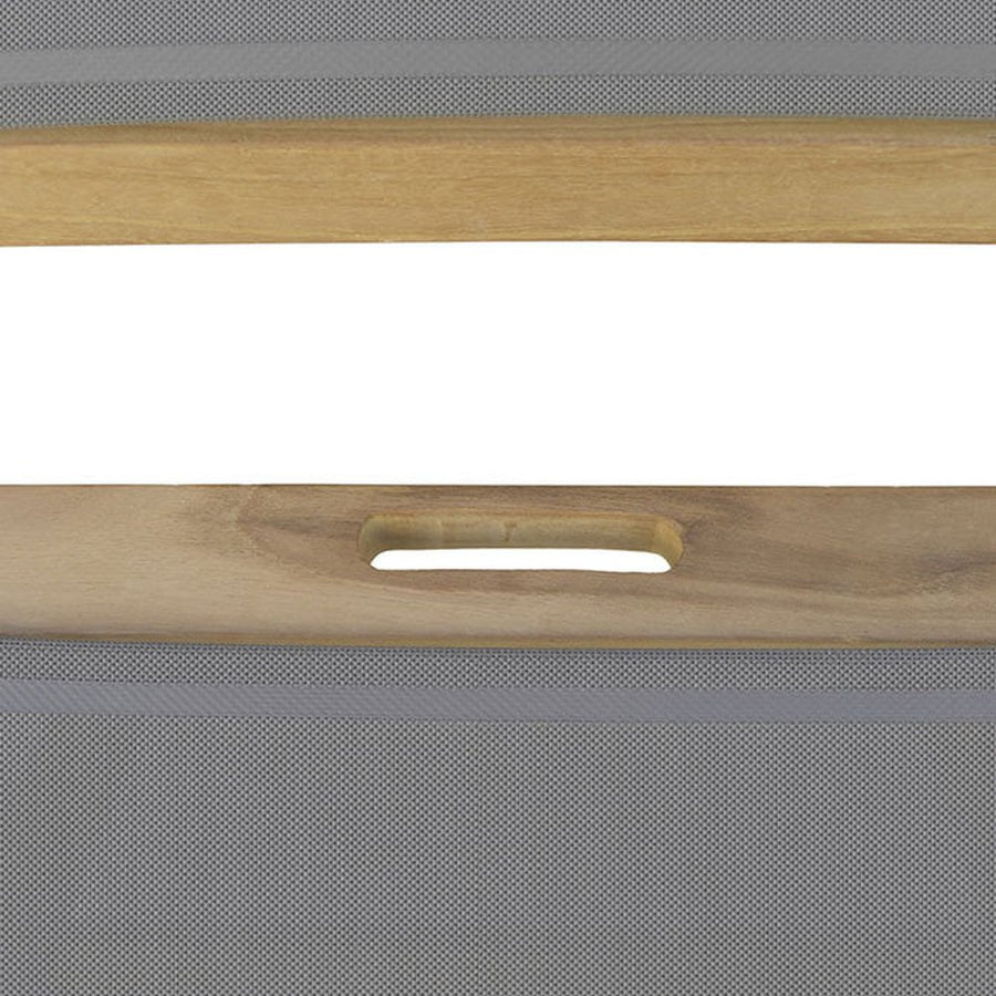 Prémium minőségű, mediterrán stílusú, összecsukható kézműves kerti teakfa karosszék szürke színű vízlepergető szövettel