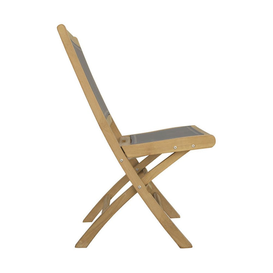 Prémium minőségű, mediterrán stílusú, összecsukható kézműves kerti teakfa szék szürke színű vízlepergető szövettel