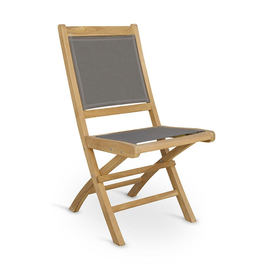 Prémium minőségű, mediterrán stílusú, összecsukható kézműves kerti teakfa szék szürke színű vízlepergető szövettel