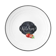 Fekete szegéjű, fehér színű porcelán desszerttányér paradicsom mintával és kitchen felirattal