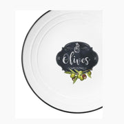Fekete szegéjű, fehér színű porcelán desszerttányér olíva bogyó mintával és olives felirattal