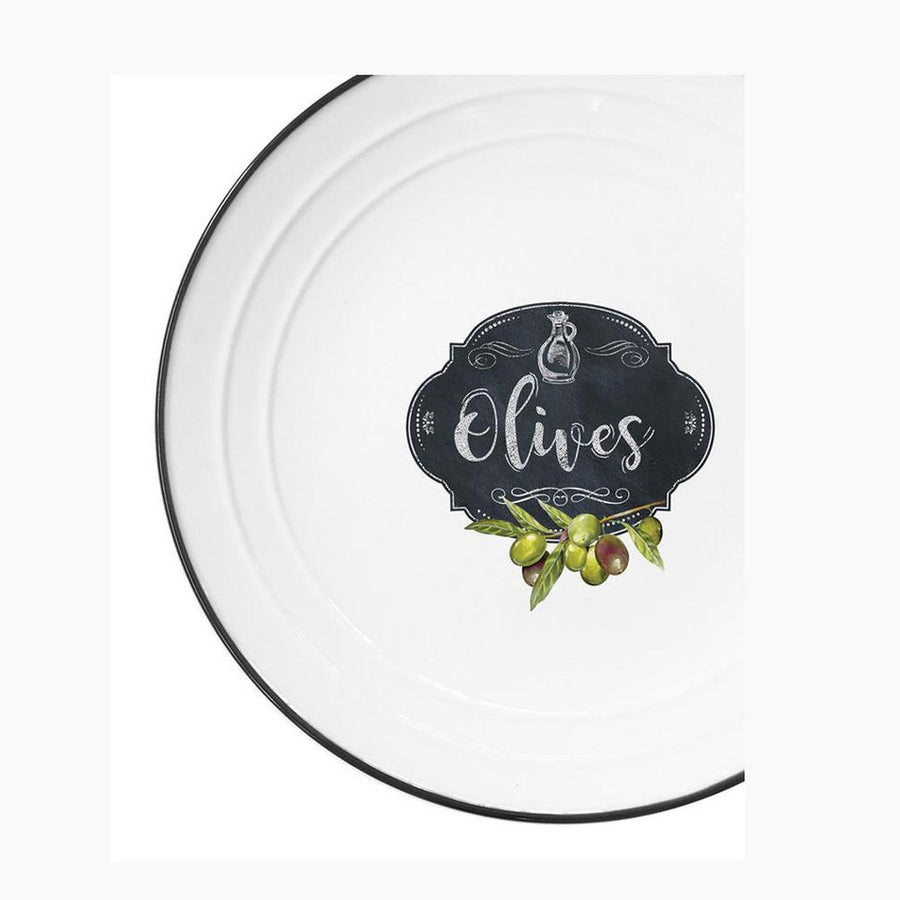 Fekete szegéjű, fehér színű porcelán desszerttányér olíva bogyó mintával és olives felirattal