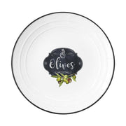 Fekete szegéjű, fehér színű porcelán desszerttányér olíva bogyó mintával és olives felirattal 