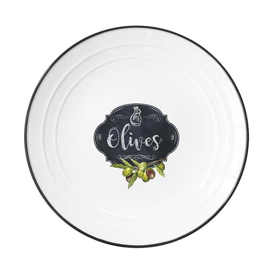 Fekete szegéjű, fehér színű porcelán desszerttányér olíva bogyó mintával és olives felirattal 