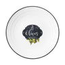 Fekete szegéjű, fehér színű porcelán desszerttányér olíva bogyó mintával és olives felirattal 