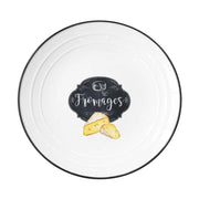 Fekete szegélyű fehér színű porcelán lapostányér sajt díszítéssel