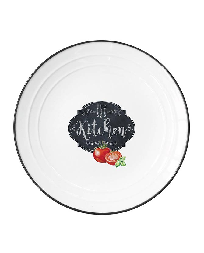 Fekete szegéjű, fehér színű porcelán lapostányér paradicsom mintával, kitchen felirattal 