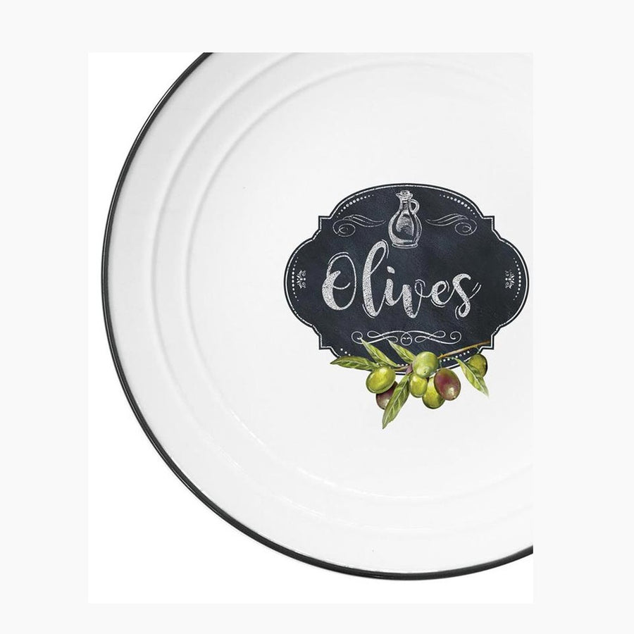 Fekete szegéjű, fehér porcelán lapostányér olívabogyós mintával és olives felirattal