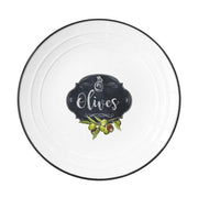 Fekete szegéjű, fehér porcelán lapostányér olívabogyós mintával és olives felirattal 