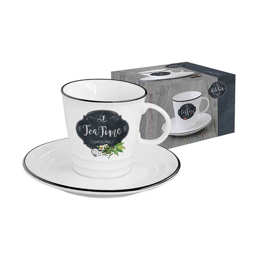 Fehér porcelán teáscsésze csészealjjal, fekete alapon fehér tea time felirattal hozzá illő szürke színű díszdobozzal