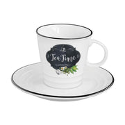 Fekete szegéjű, fehér porcelán teáscsésze csészealjjal, fekete alapon fehér tea time felirattal