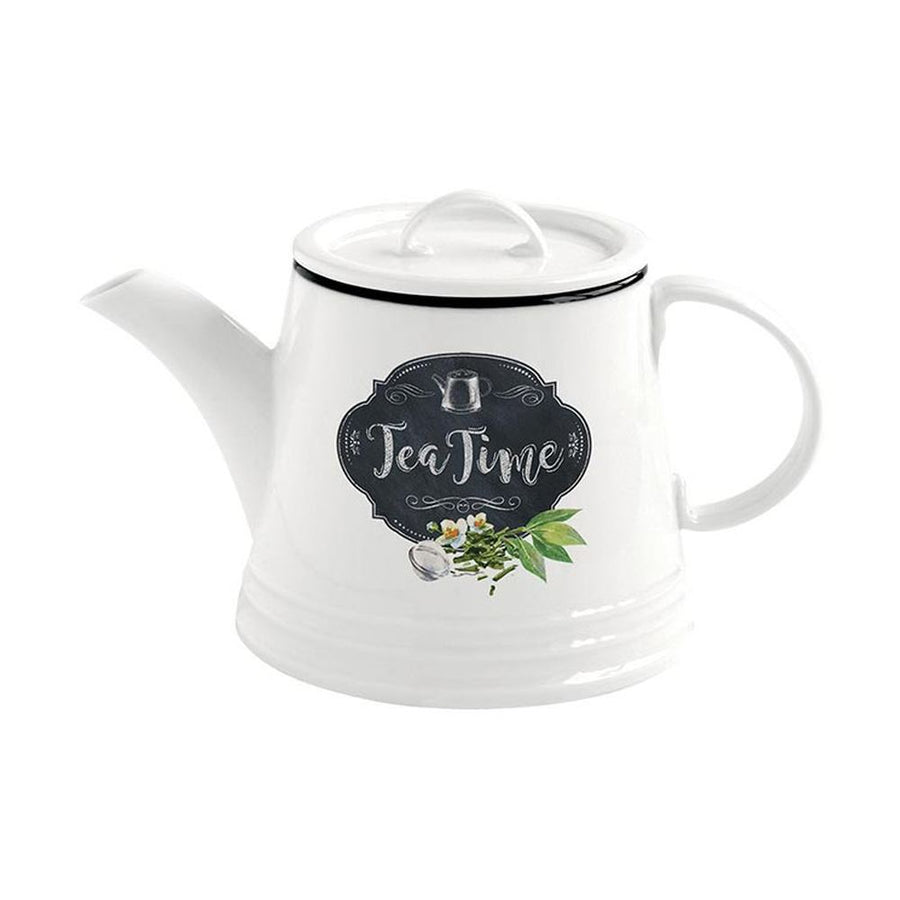 Fehér színű porcelán teáskanna fekete alapon fehér színű tea time felirattal