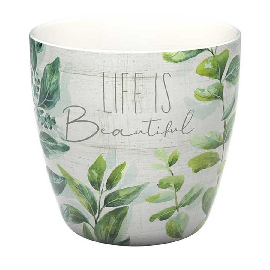 Zöld eukaliptuszokkal díszített, "Life is Beautiful" feliratú porcelánbögre