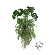 Exkluzív megjelenésű, prémium minőségű, élethű "Real Touch" hatású, függeszthető, 60 cm magas mesterséges mű páfránygolyó filodendronnal mohás földlabdában