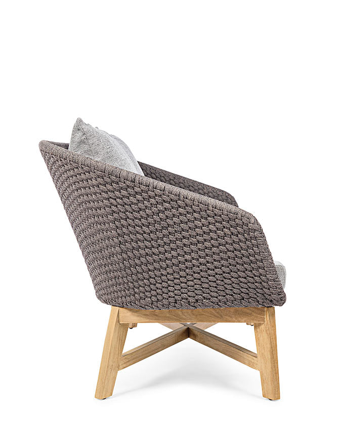Prémium kategóriás, 2 személyes design kerti kanapé szürke színű párnákkal