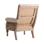 Prémium kategóriás, gyarmati stílusú, újrahasznosított trópusi fából készült, ekrü színű szövettel kárpitozott fotel hátulnézeti képe